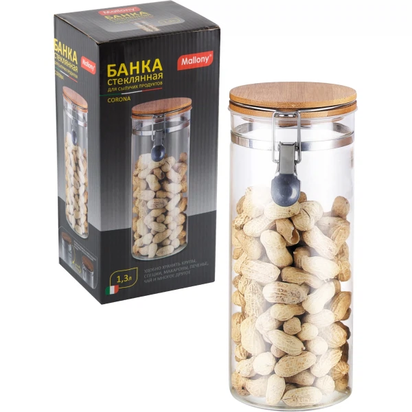 Фото Банка для сыпучих продуктов 1,3л corona mallony стекло с крышкой 004453