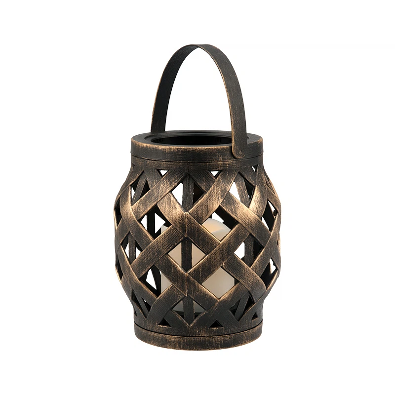 Изображение товара Декоративный бронзовый фонарь со свечкой, размеры 14х14х16,5 см, теплый белый