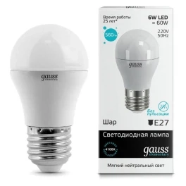 Лампа светодиодная Gauss 53226 LED Elementary Шар 6W E27 450lm 4100K