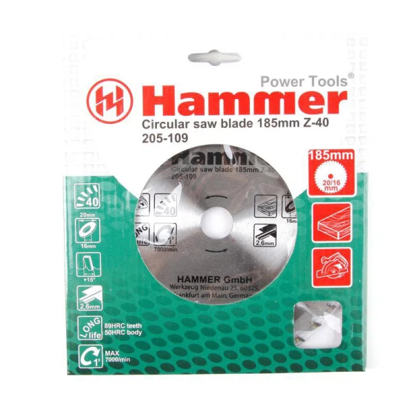 

диск пильный по дереву 185*40зуб*20/16мм csb wd hammer flex 205-109