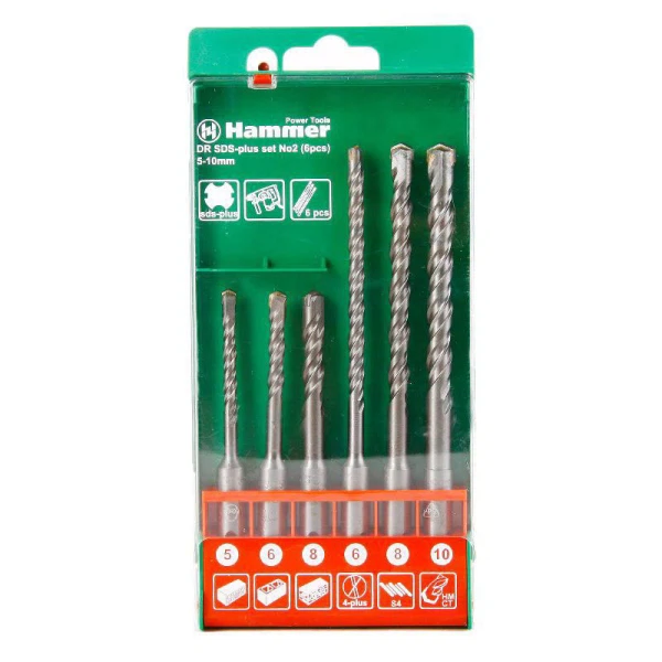 

набор буров sds+ по бетону 6шт 5-6-8х110, 6-8-10х160 мм в пласт. коробке hammer flex 201-902