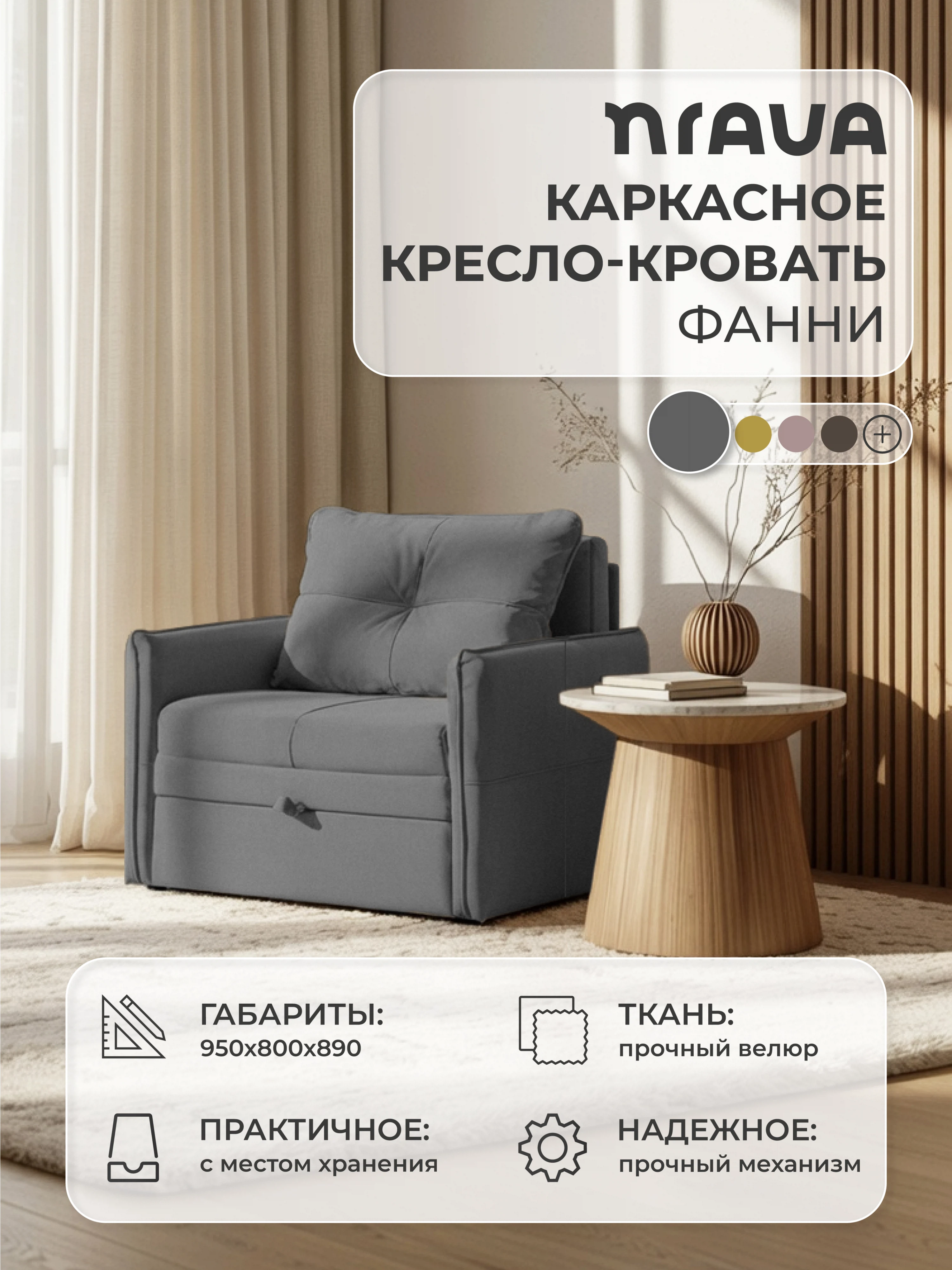 Изображение товара Кресло-кровать NRAVA Фанни 950x800x890 Графит, велюр Изображение товара Кресло-кровать NRAVA Фанни 950x800x890 Графит, велюр