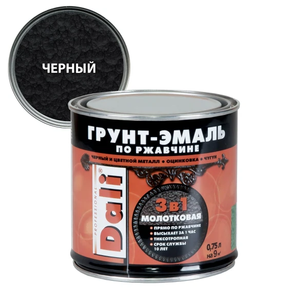 

грунт-эмаль dali по ржавчине 3 в 1 молотковая черная 0,75л, Черный
