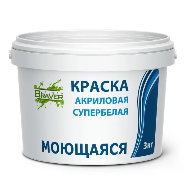 Краска braver моющаяся супербелая 3кг, код