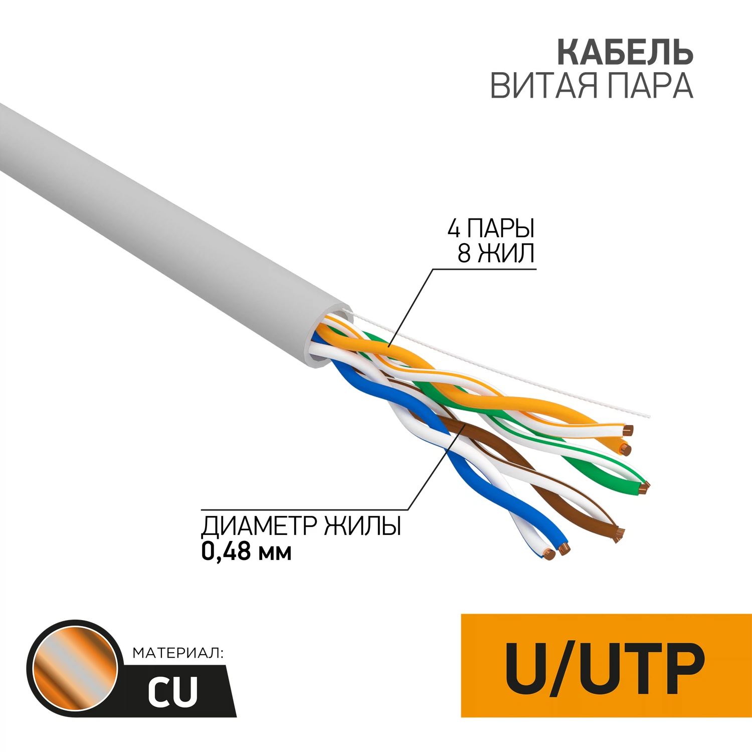 Изображение товара Кабель витая пара U/UTP, CAT 5e, PVC, 4PR, 24AWG, INDOOR, SOLID, серый, 50м PROconnect Изображение товара Кабель витая пара U/UTP, CAT 5e, PVC, 4PR, 24AWG, INDOOR, SOLID, серый, 50м PROconnect