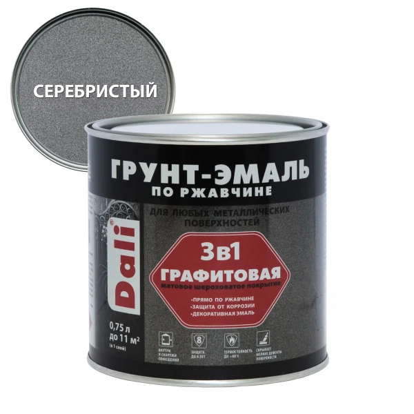 

грунт-эмаль dali по ржавчине 3 в 1 графитовая серебристая 0,75л, Серебряный