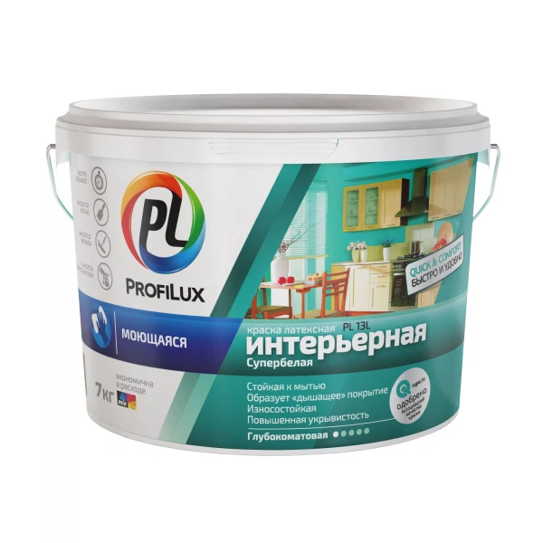 

краска profilux pl-13l латексная моющаяся износоустойчивая супербелая 7кг