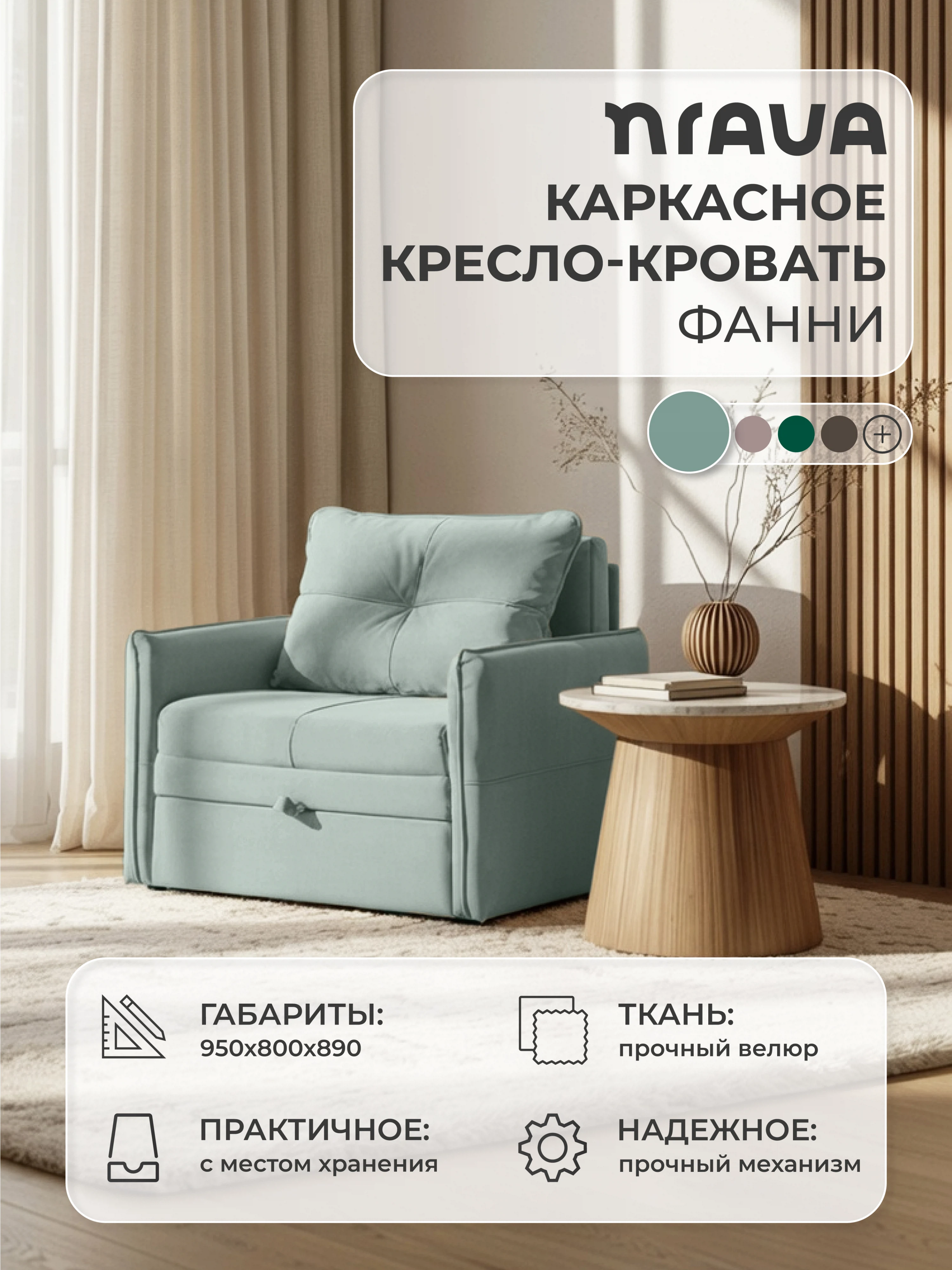 Изображение товара Кресло-кровать NRAVA Фанни 950x800x890 Бирюзовый, велюр Изображение товара Кресло-кровать NRAVA Фанни 950x800x890 Бирюзовый, велюр