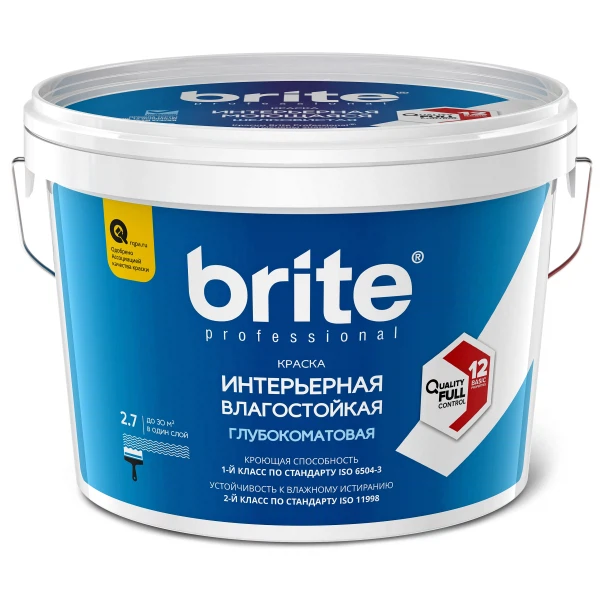 

краска brite professional интерьерная влагостойкая матовая база с, 2,7 л