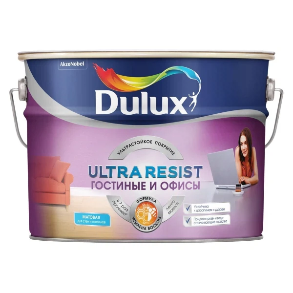 

краска dulux ultra resist гостиные и офисы матовая bw 10л