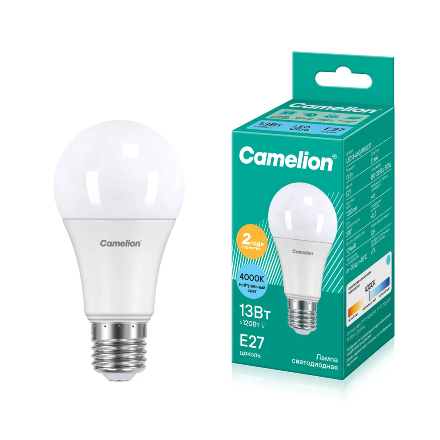 Изображение товара Лампа светодиодная Camelion Е27 13 Вт. 4000 К. 1200 Лм. груша