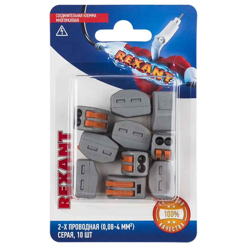 Изображение товара Клемма соединительная 2-х проводная многоразовая (10шт), до 4,0мм2, 32А, серая, Rexant, 06-0200-B10