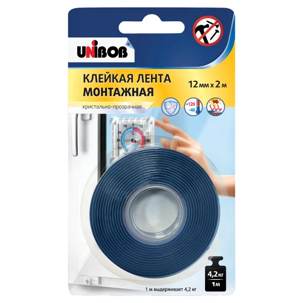 Фото Лента клейкая  двухсторонняя монтажная Unibob кристально-прозрачная 12 мм х 2 м (пена),75541
