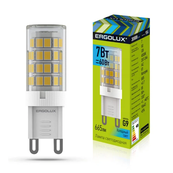 Фото Лампа светодиодная ergolux g9 7вт 4000к 665лм капсульная 14350