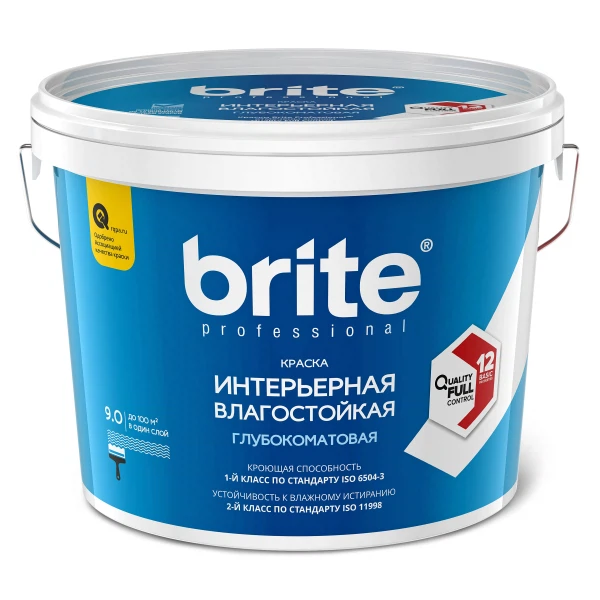 

краска brite professional интерьерная влагостойкая матовая база с, 9 л