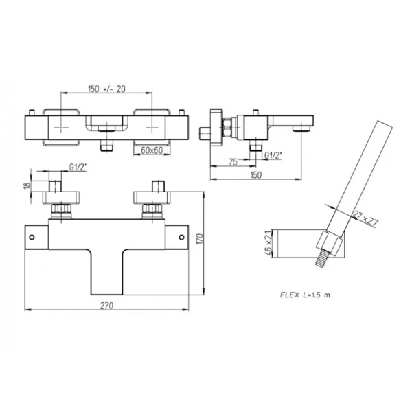 Фото Смеситель для ванны вентильный paini dax с термостатом и акс 84cr105th