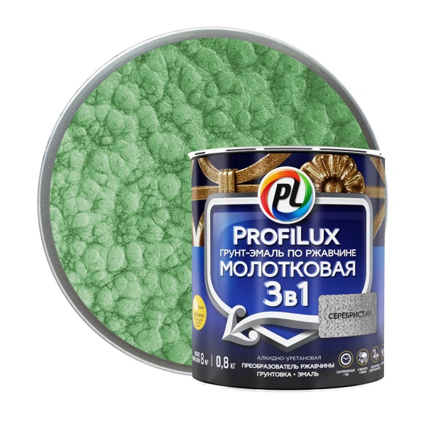 Фото Грунт-эмаль profilux по ржавчине 3 в 1  молотковая зелёная  0,8кг
