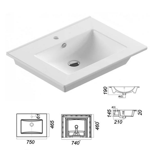 Фото Тумба с умывальником misty темза 75 подвесная, 2 ящ ут000010493