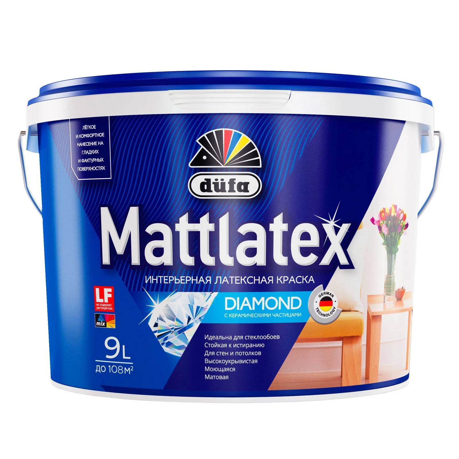 Изображение товара Краска DUFA MATTLATEX RD100 для стен и потолков моющаяся база А 9л