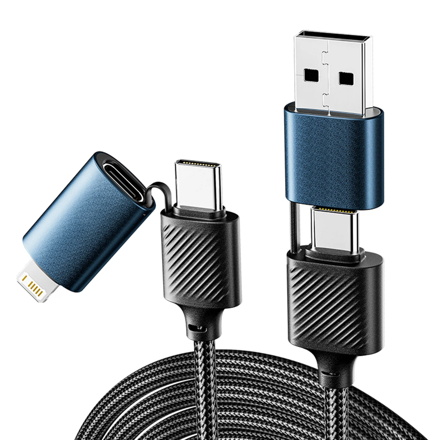 Изображение товара Кабель 4в1 USB-A, Type-C, Type-C, Lightning 65Вт, 1м, в черной нейлоновой оплетке REXANT Изображение товара Кабель 4в1 USB-A, Type-C, Type-C, Lightning 65Вт, 1м, в черной нейлоновой оплетке REXANT