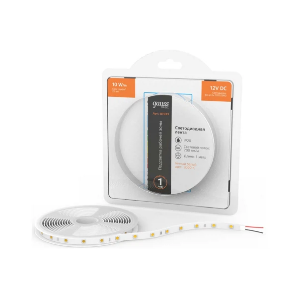 Фото Лента светодиодная gauss basic 5050/60 12v 10w/m 700lm/m 3000k 10mm ip20 1м белый теплый bt033