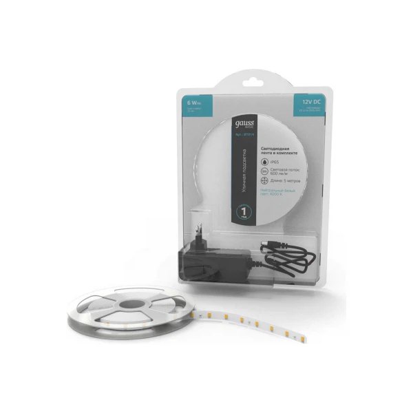 Комплект светодиодной ленты gauss basic 2835/60 12v 6w/m 600lm/m 4000k 8mm ip65 5м bt014