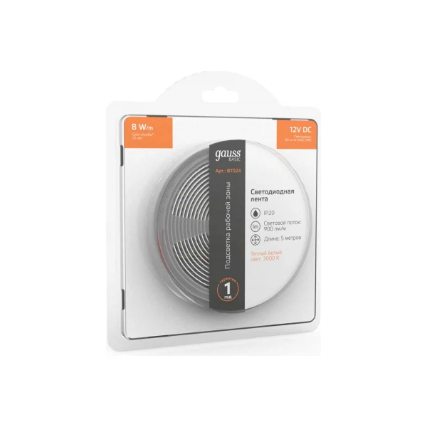 Фото Лента светодиодная gauss basic 5050/60 12v 8w/m 900lm/m 3000k 10mm ip20 5м bt024