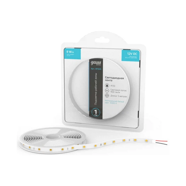 Лента светодиодная gauss basic 5050/60 12v 8w/m 900lm/m 4000k 10mm ip20 5м bt025