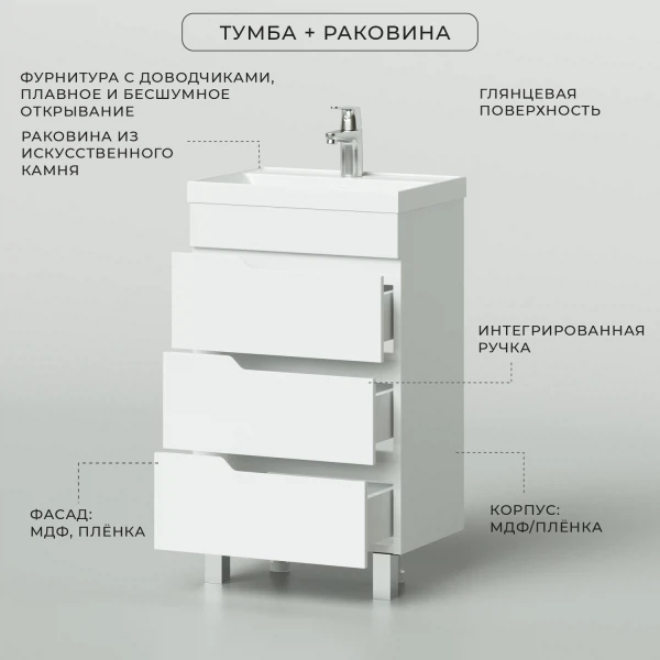 

тумба с раковиной напольная итана alexa 50 494х345х865