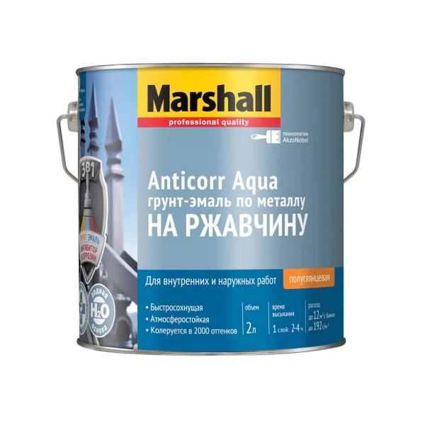 

грунт-эмаль по ржавчине marshall anticorr aqua полуглянцевая база bw 2л, Белый