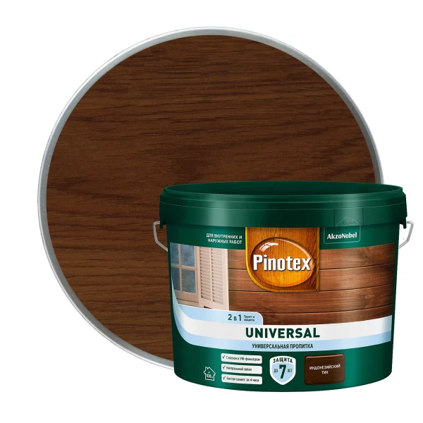 

универсальная пропитка для древесины 2 в 1 pinotex universal индонезийский тик 9л