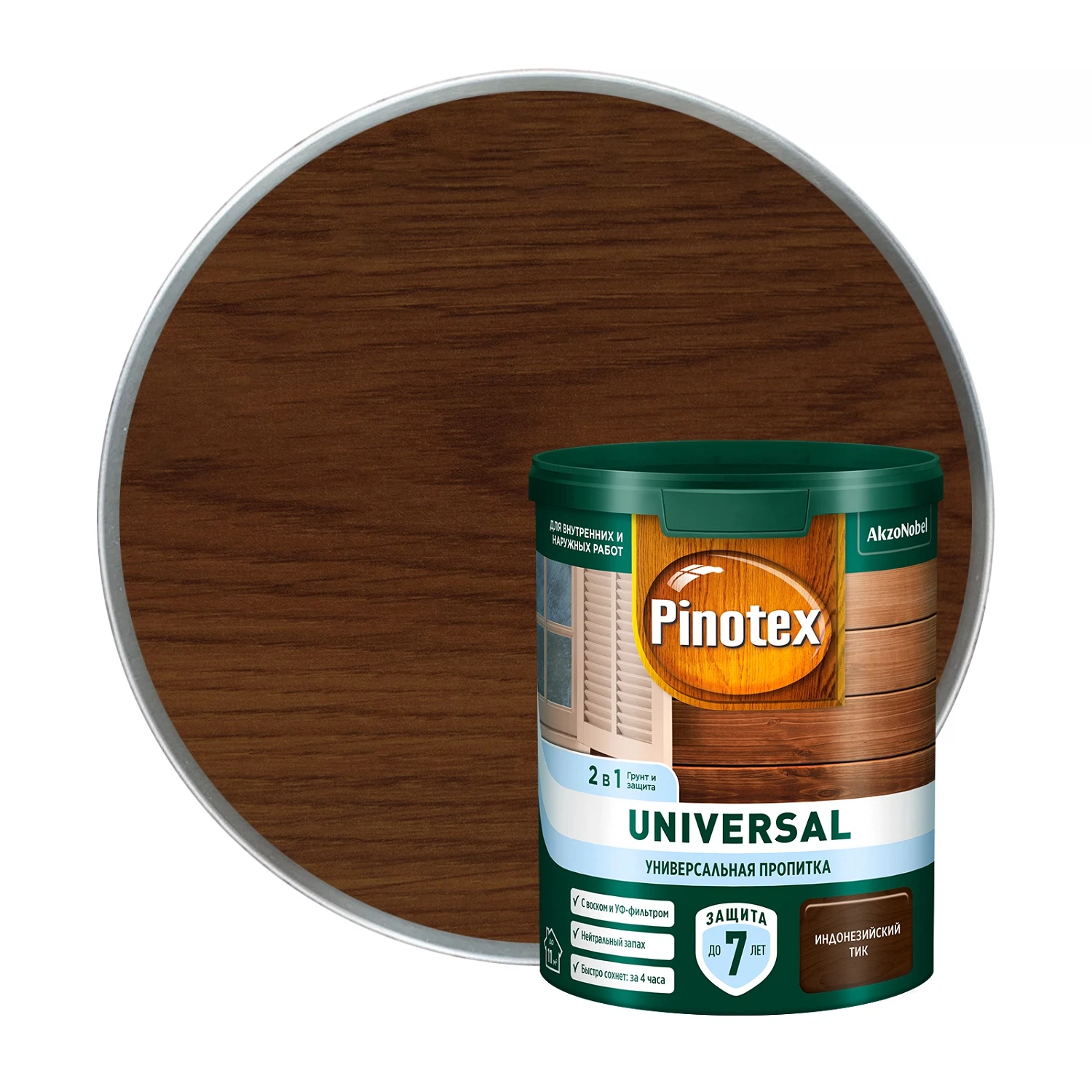 Изображение товара Универсальная пропитка для древесины 2 в 1 PINOTEX Universal индонезийский тик 0,9л