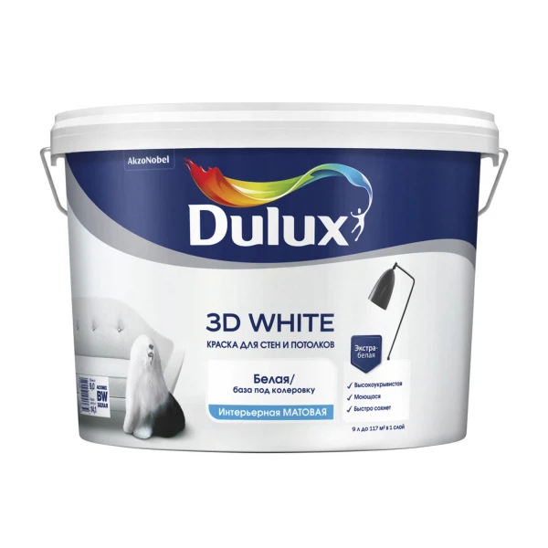 

краска для стен и потолков водно-дисперсионная dulux 3d white матовая 9л