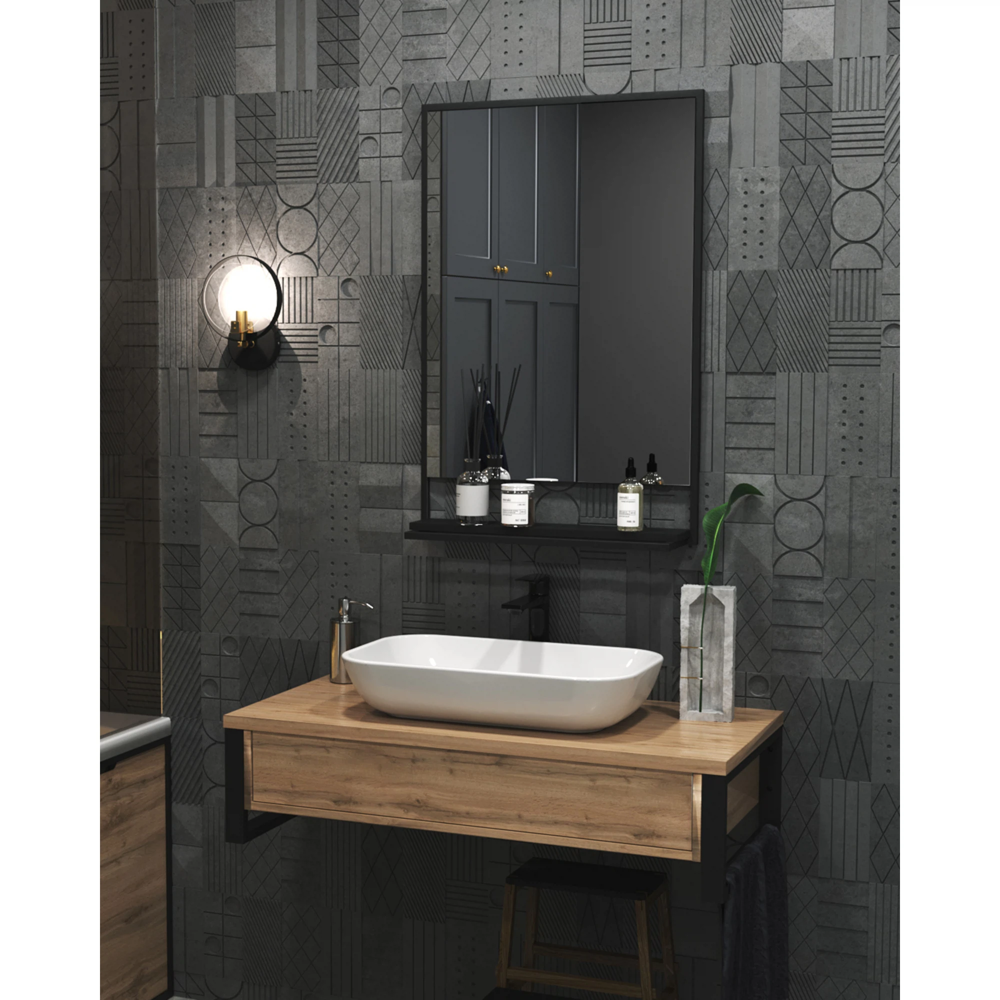 Изображение товара Зеркало без подсветки 1Marka grunge loft 60x90 см с полочкой черное современное