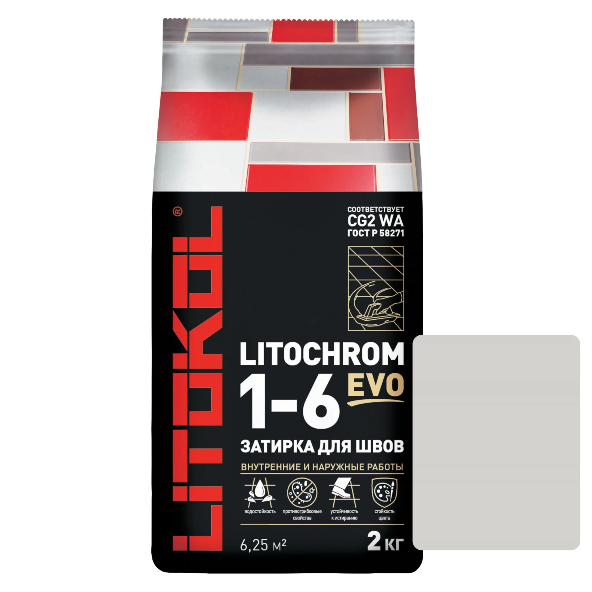 Изображение товара Затирка цементная LITOKOL Litochrom 1-6 Evo, пепельно-белый (le 100), 2кг