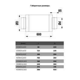 Шумоглушитель, серия mdg, для круглых воздуховодов, l600, d200, оцинкованная сталь