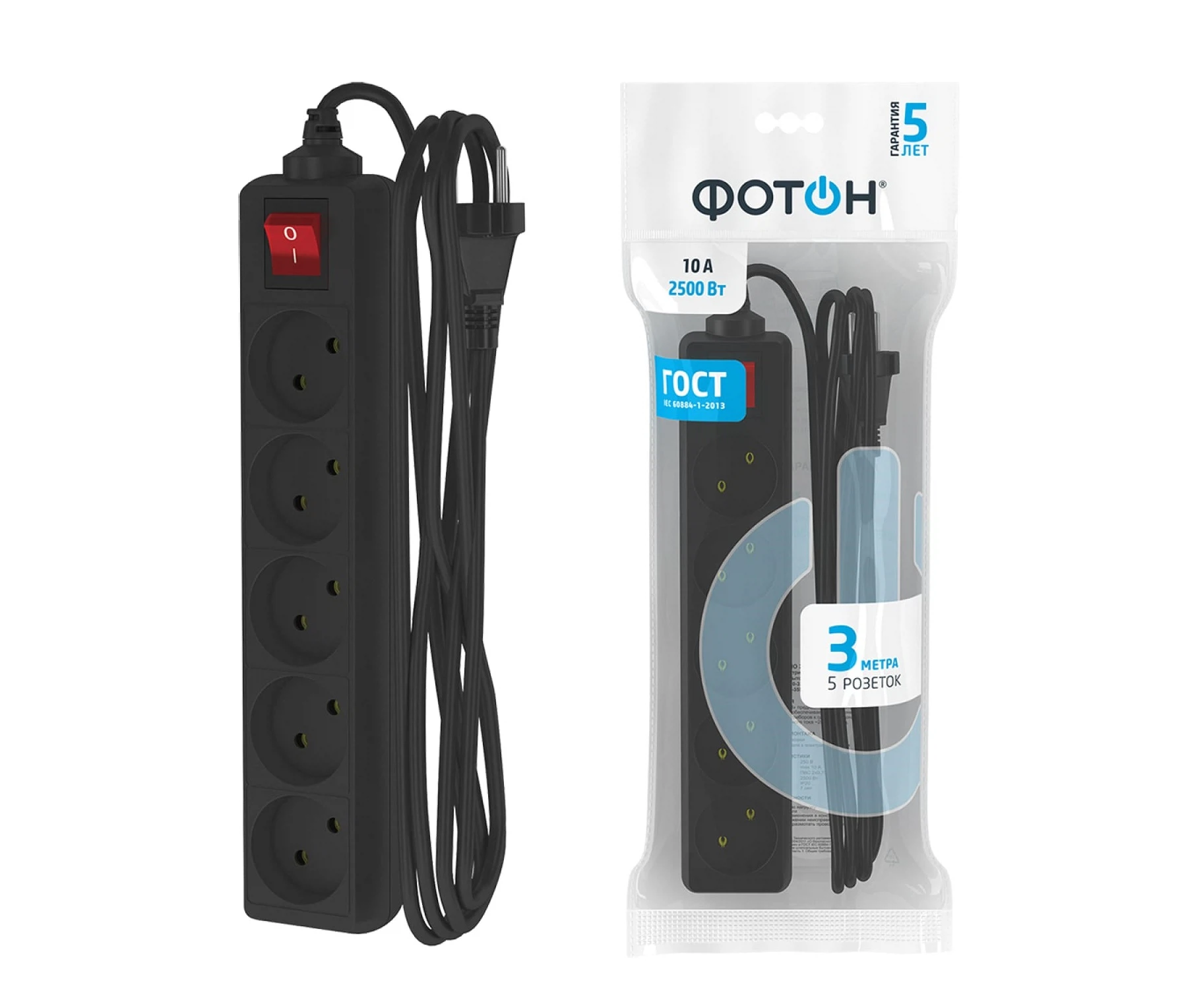 Изображение товара Удлинитель бытовой (3,0м, 5 гнезд, б/з, с выкл., 2500Вт, 10А, черный) ФОТОН 10-35S 22727