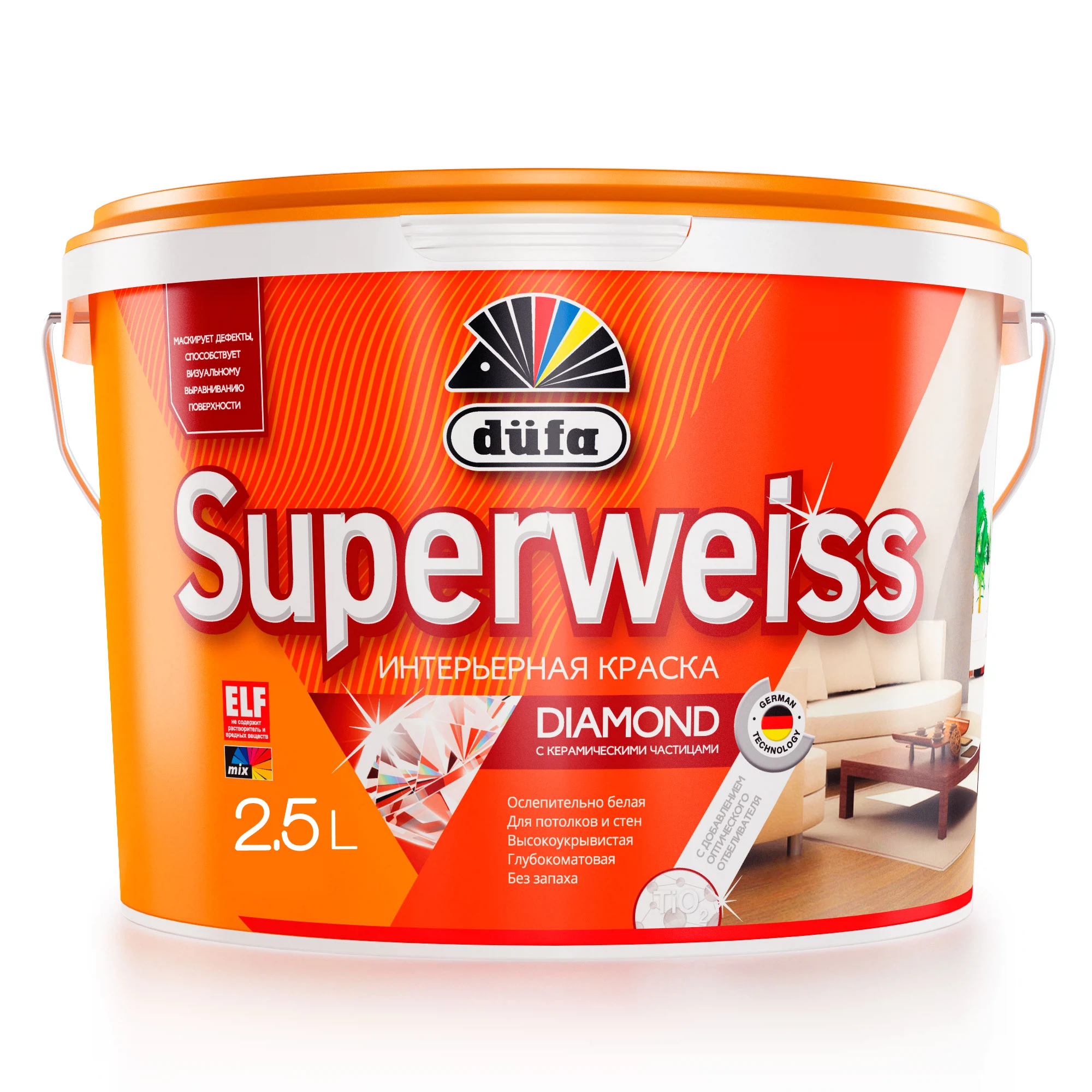 Изображение товара Краска акриловая DUFA Superweiss RD4 для стен и потолков 2.5л белая матовая