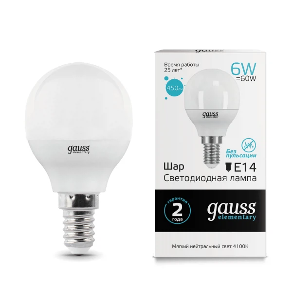 

лампа светодиодная gauss 53126 led elementary шар 6w e14 450lm 4100k