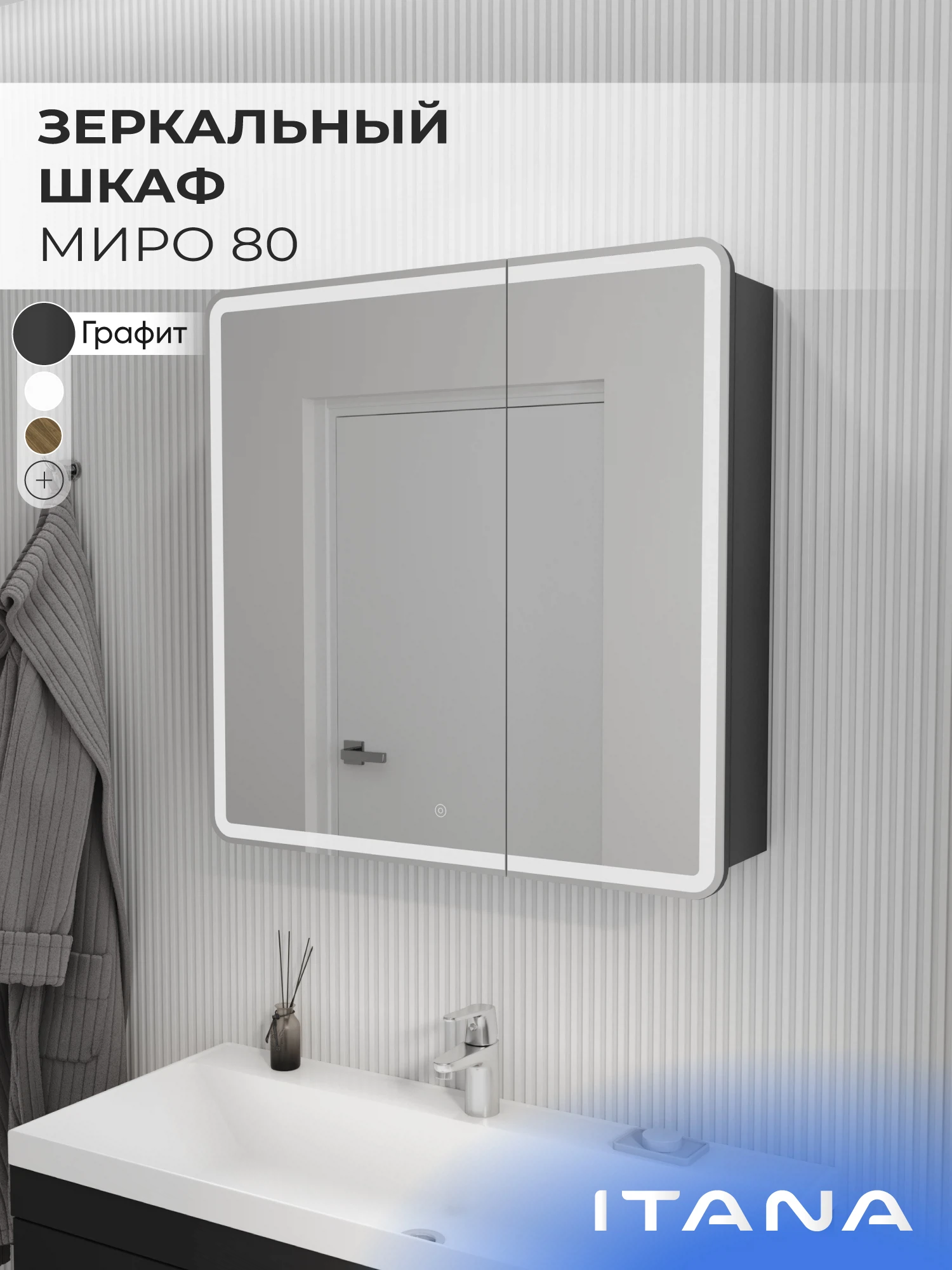 Изображение товара Зеркало-шкаф с подсветкой для ванной комнаты ИТАНА Миро , Графит , 800 * 790 мм., арт 4657828210270