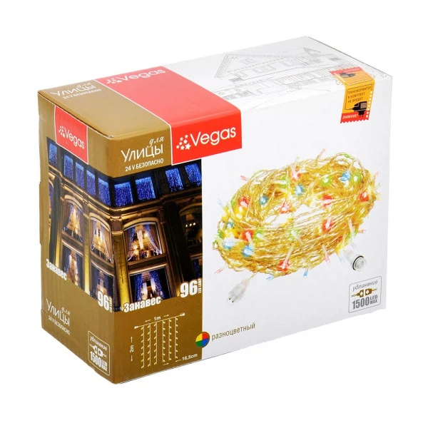 

электрогирлянда-конструктор "бахрома" vegas 24v/96 цветных led ламп/6 нитей/прозрачный провод 55093
