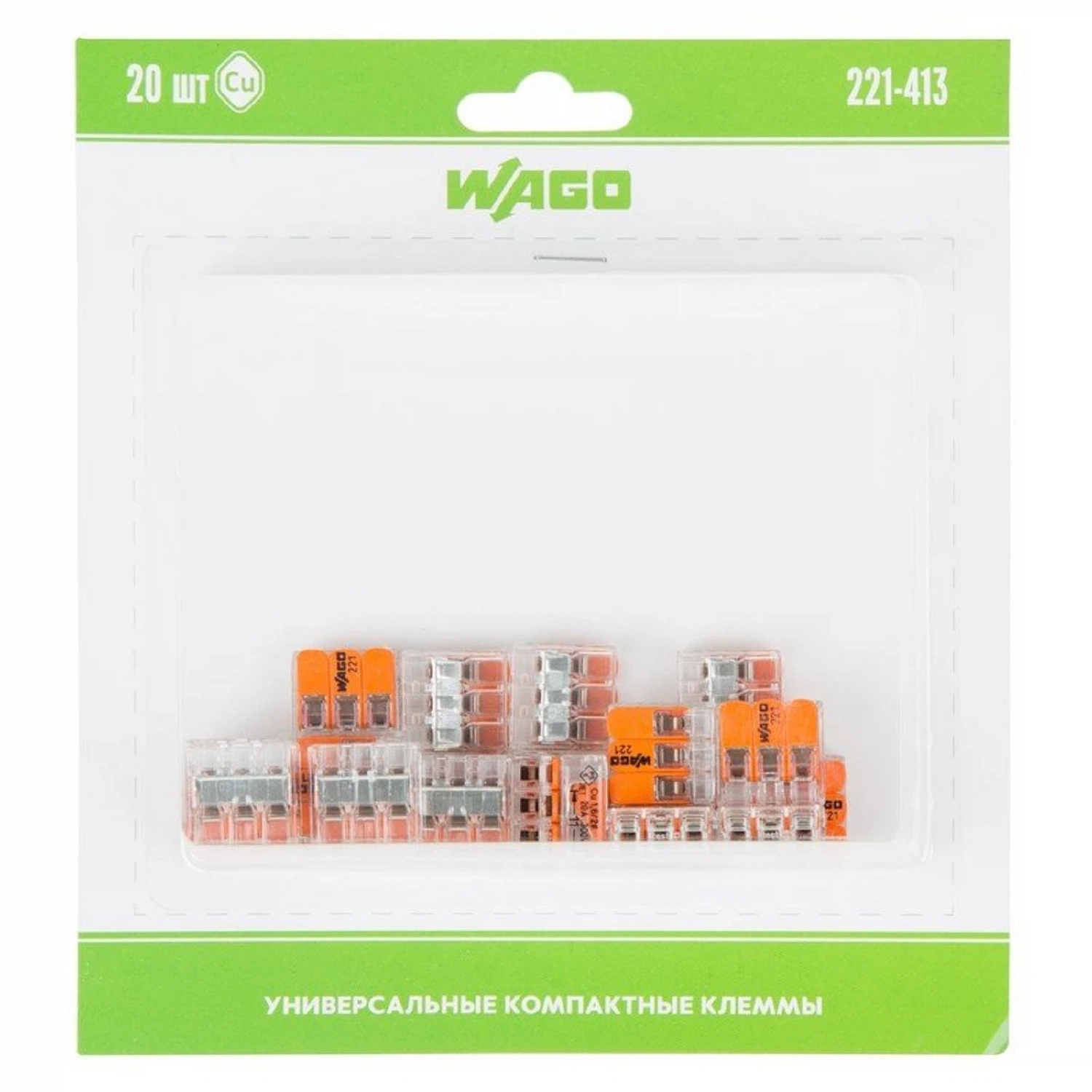 Изображение товара Клемма универсальная 3-проводная WAGO 222-413, серия 221-413, Китай