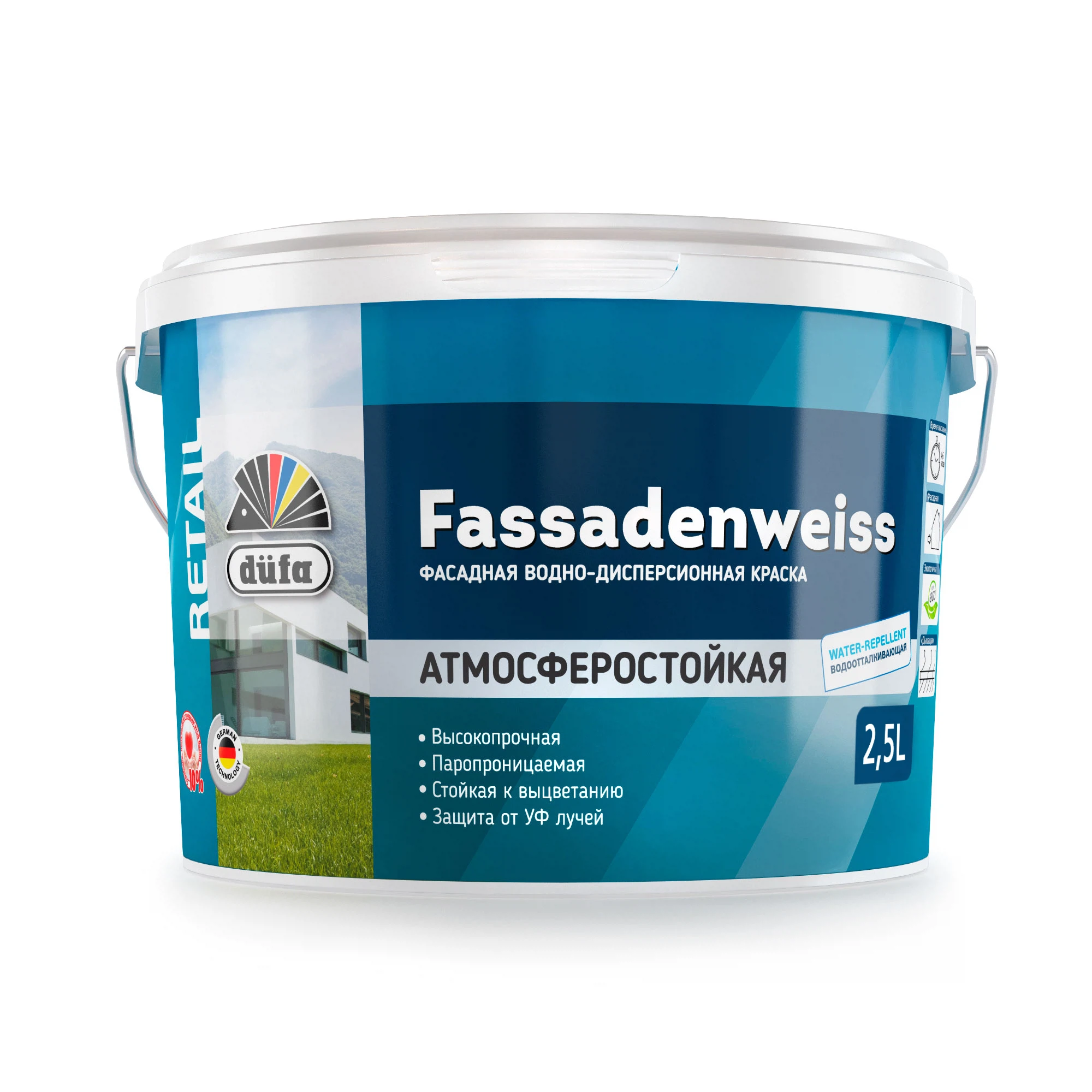 Изображение товара Краска фасадная DUFA Fassadenweiss база A 2,5л для наружных и внутренних работ