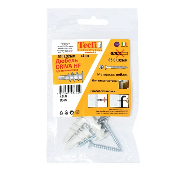 

дюбель driva hf нейлон 15x32 с шурупом (4 штуки) -пакет tecfi