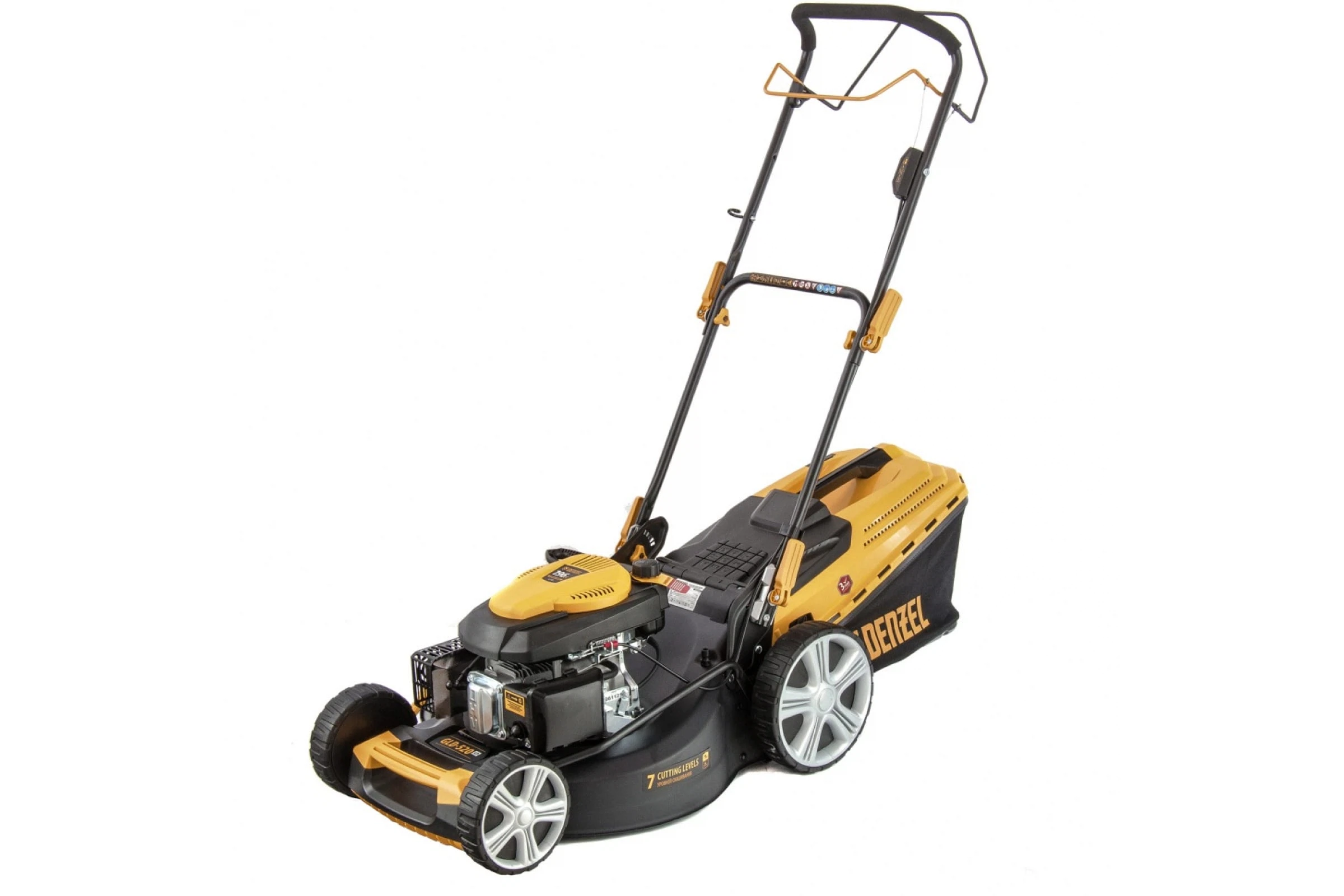 Изображение товара Газонокосилка бензиновая GLD-520SP, 196 куб.см., шир. 52 см,самоход.,7 уров.,травосб. 60 л// Denzel