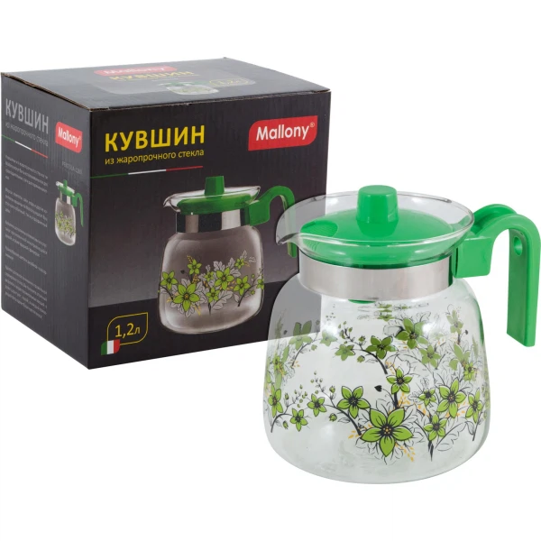 

кувшин 1,2л pentola-1200 mallony жаропрочное стекло с пластик.ручкой зеленый 910117, Прозрачный