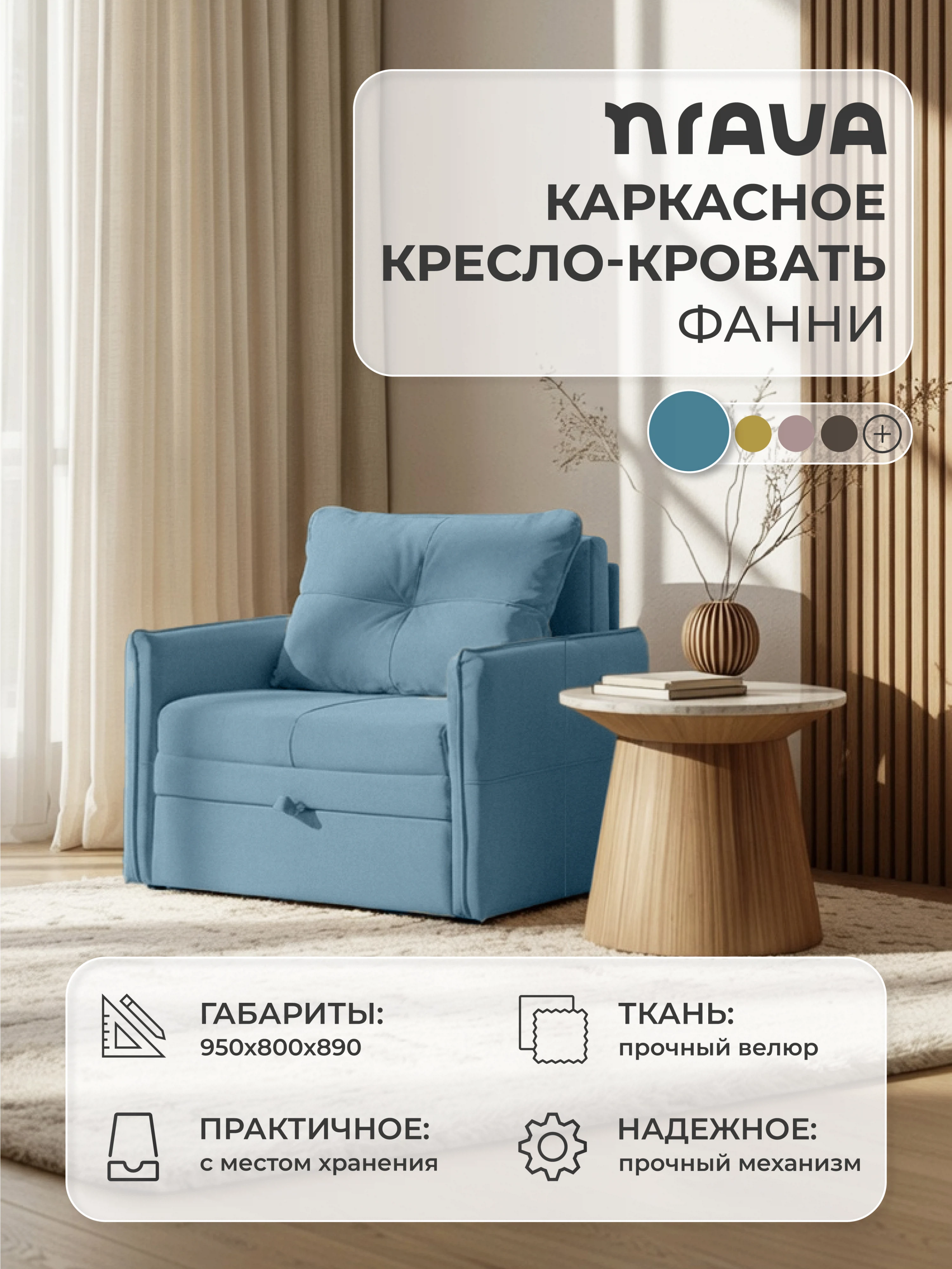 Изображение товара Кресло-кровать NRAVA Фанни 950x800x890 Синий, велюр Изображение товара Кресло-кровать NRAVA Фанни 950x800x890 Синий, велюр
