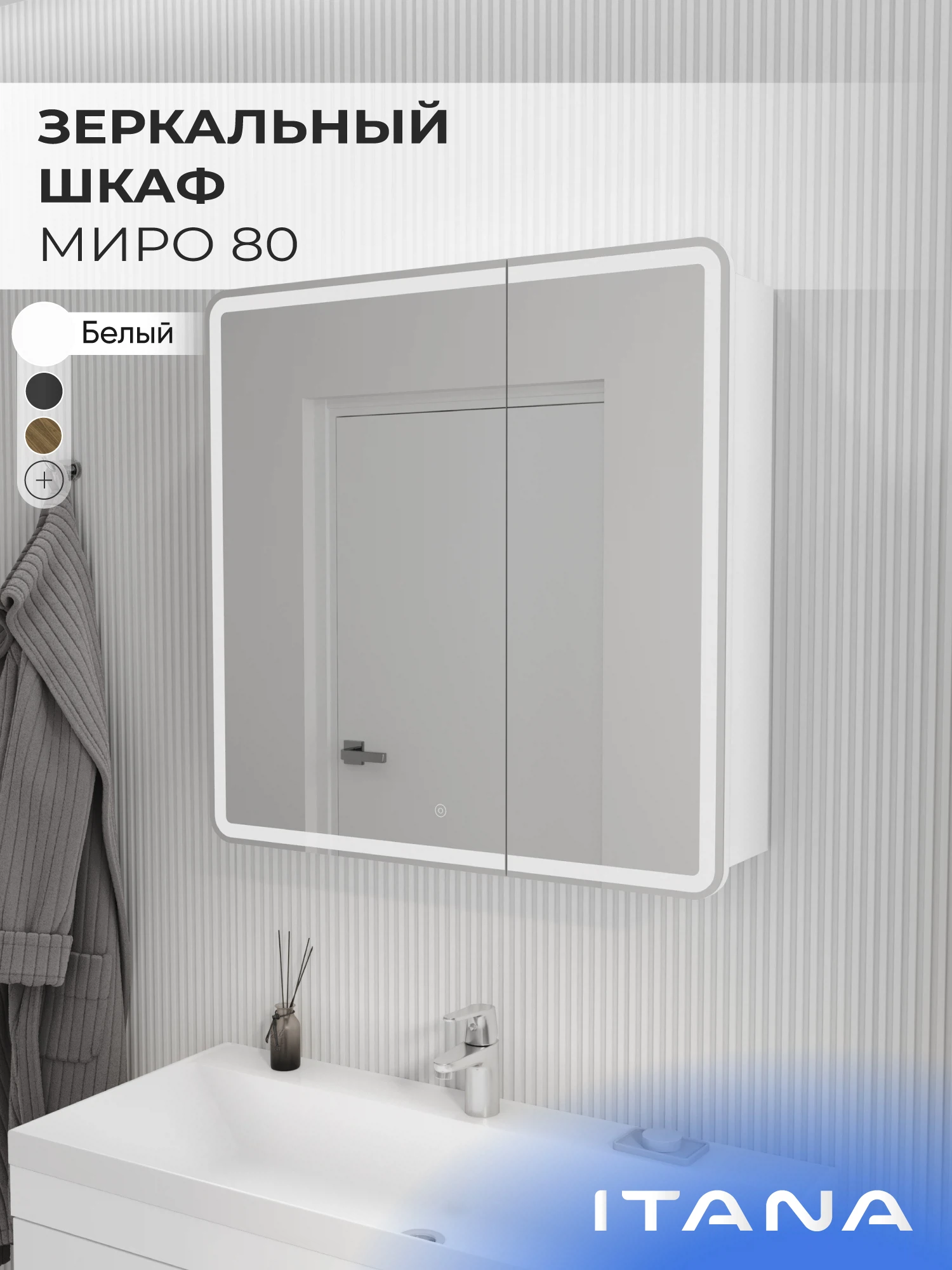 Изображение товара Зеркало-шкаф с подсветкой для ванной комнаты ИТАНА Миро , Белый , 800 * 790 мм., арт 4657826229618