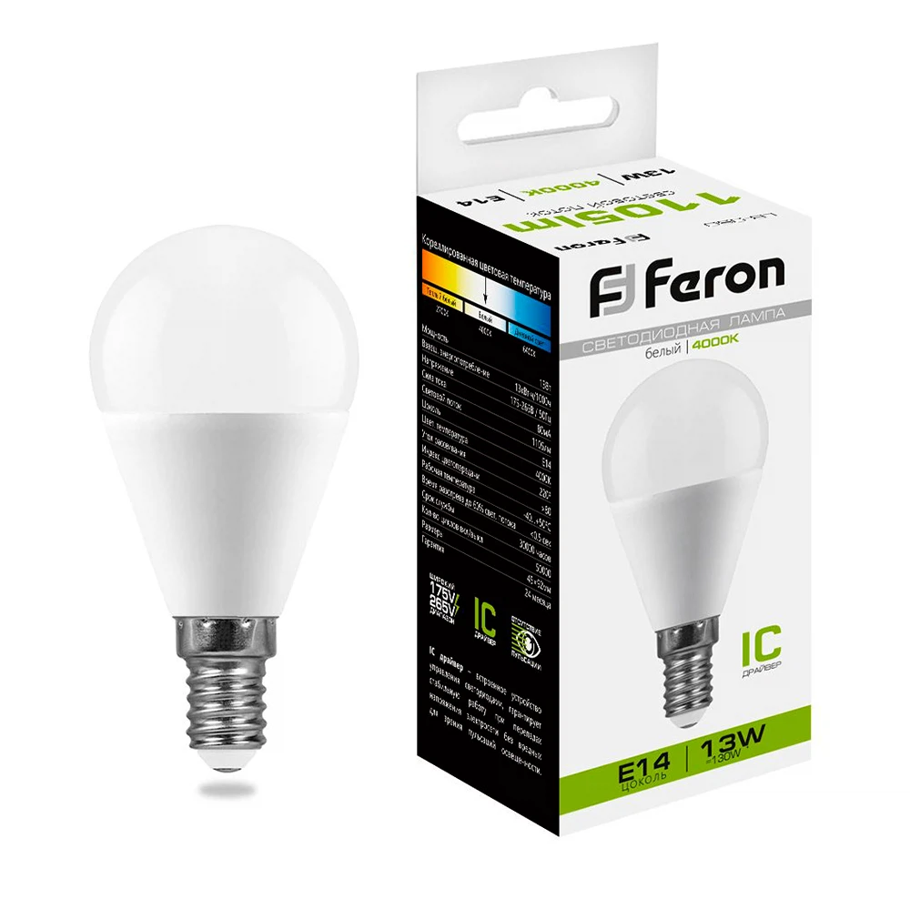 Изображение товара Светодиодная лампа Feron LB-950 E14 13W Шарик нейтрального света