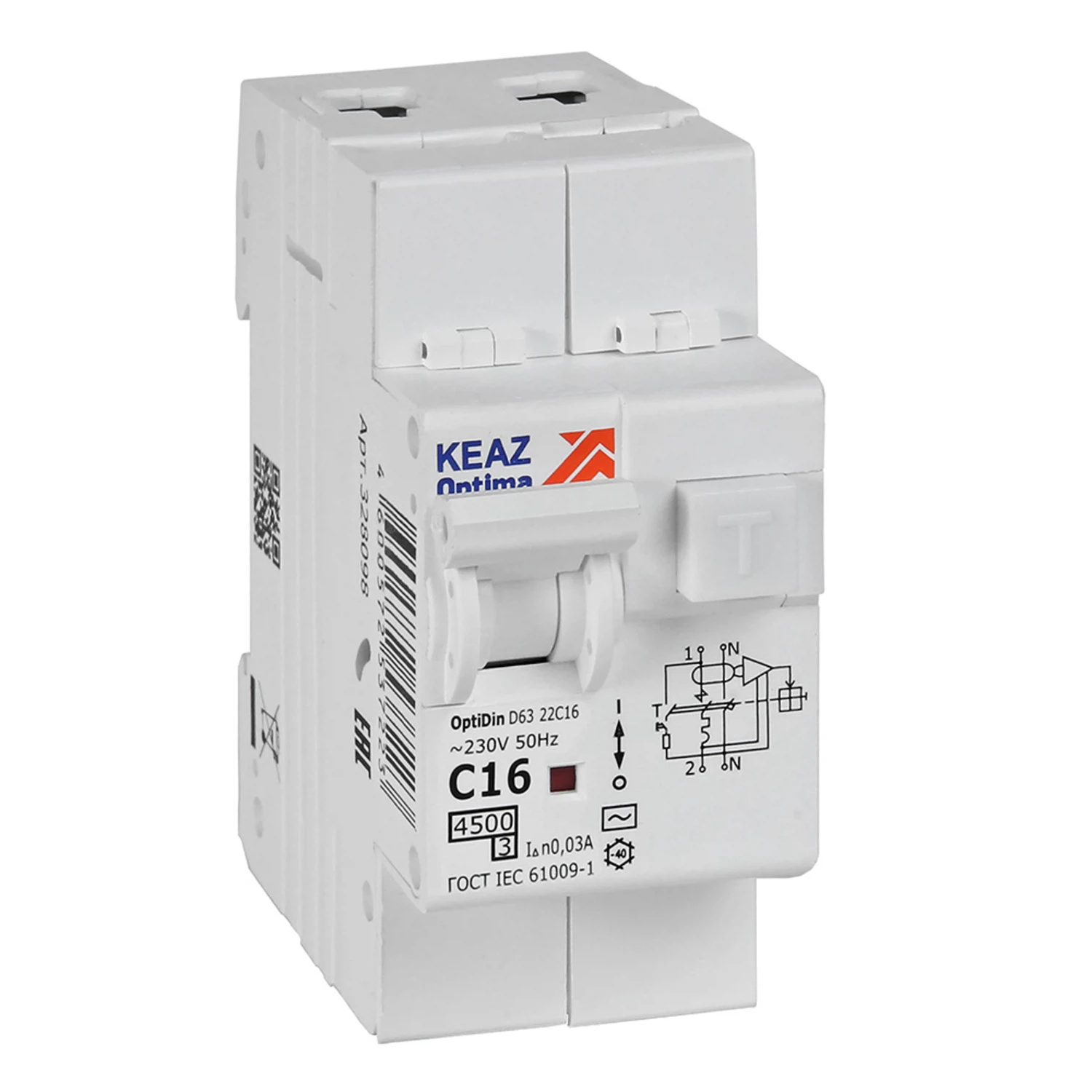 Изображение товара Автоматический выключатель дифференциальный КЭАЗ OptiDin D63-22C16-AC-У3 2P 30мА